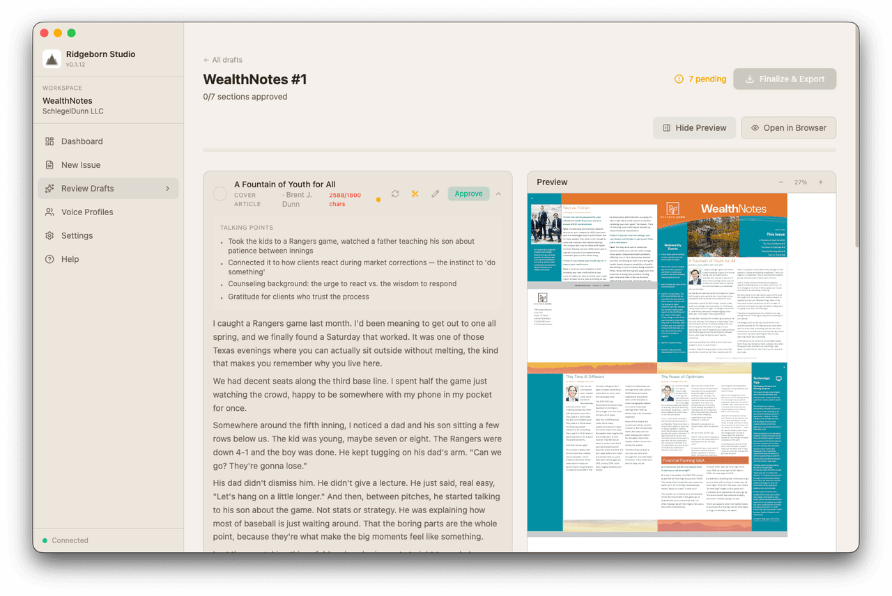 WealthNotes Studio draft editor: an approved newsletter draft on the left, live print preview of the spread on the right.