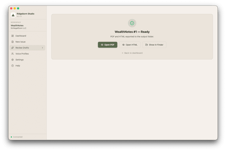 WealthNotes Studio export-complete screen: the issue is ready, with buttons to open the exported PDF and HTML.