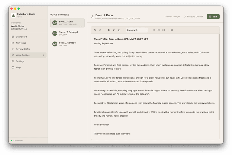 WealthNotes Studio Voice Profiles screen: a list of advisor profiles on the left, the selected advisor's writing-style notes on the right.