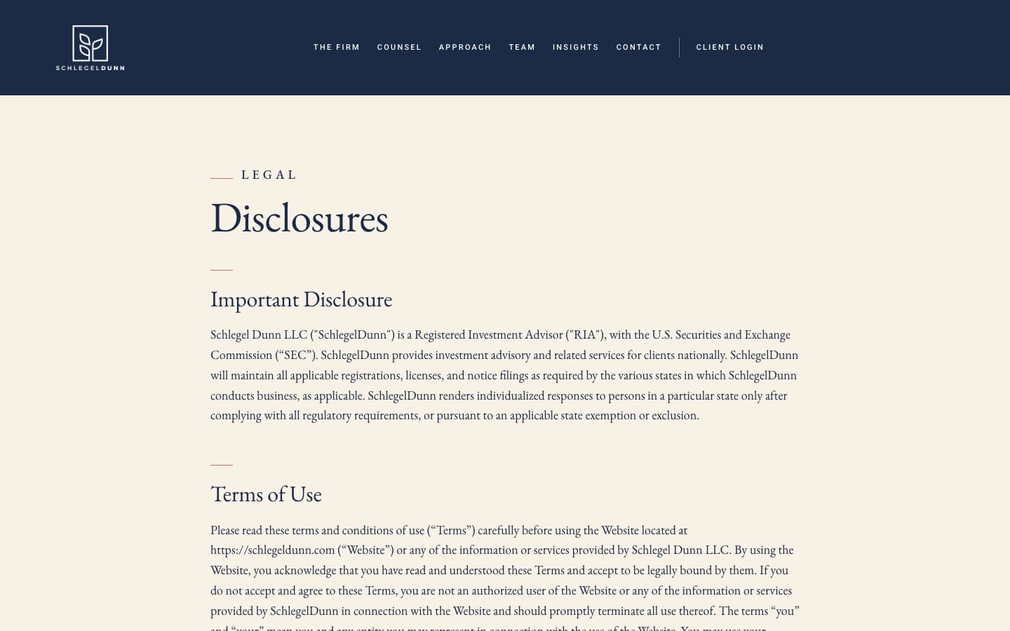 The schlegeldunn.com disclosures page: Important Disclosure and Terms of Use sections set in the firm's serif type on a cream background.