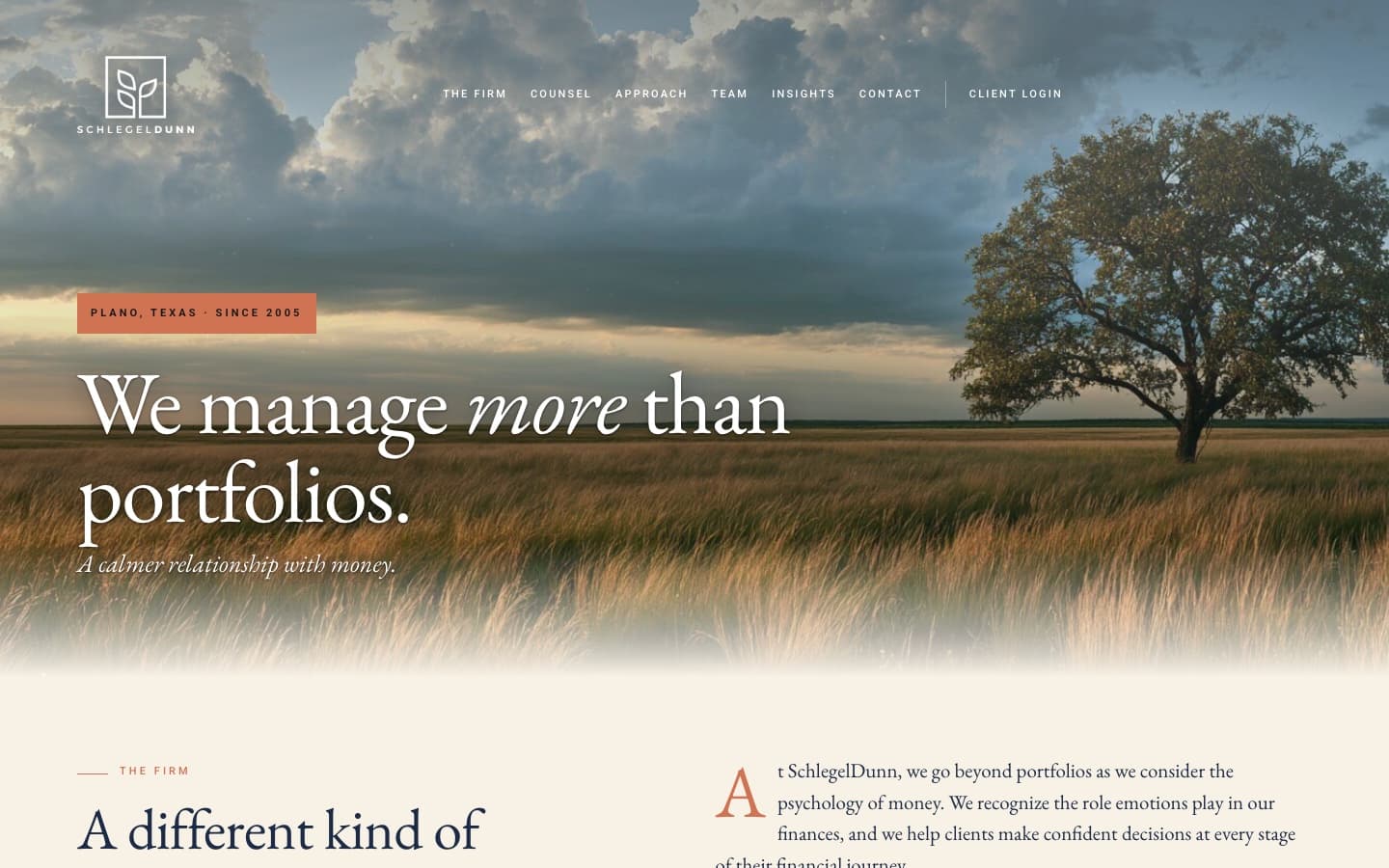 schlegeldunn.com home page: a prairie photograph behind the headline 'We manage more than portfolios.'